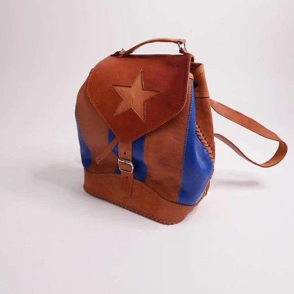 vintage leather backpack | Vintage Mexican patchwork camel tan leather boho - Picture 5 of 9